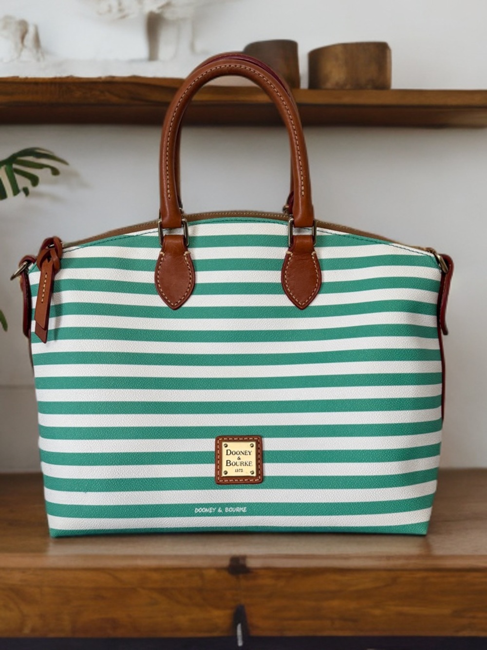 Dooney Bourke Women's Sullivan Satchel sea foam green, White Stripes, Brown Trim